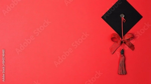 Obraz academia. Graduation cap with tassel and decorative bow on red background in a top-down view composition. event programs, museum guides, designed for cultural heritage projects and event programs.
