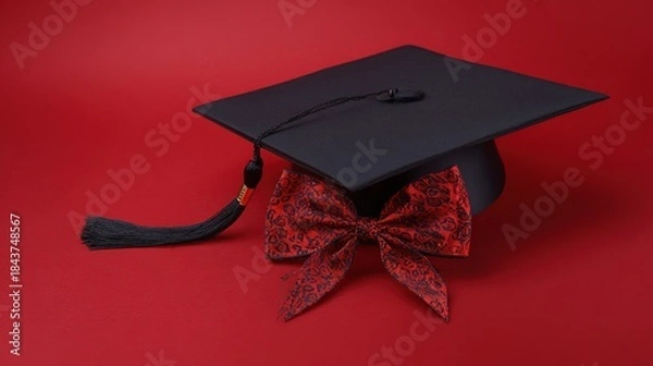 Obraz academia. Graduation cap with tassel and decorative bow on red background in a top-down view composition. event programs, museum guides, designed for cultural heritage projects and event programs.