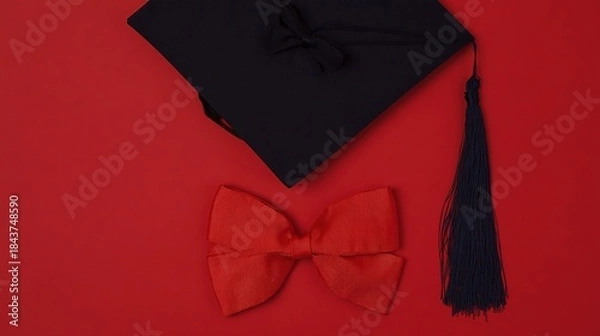 Obraz academia. Graduation cap with tassel and decorative bow on red background in a top-down view composition. event programs, museum guides, designed for cultural heritage projects and event programs.