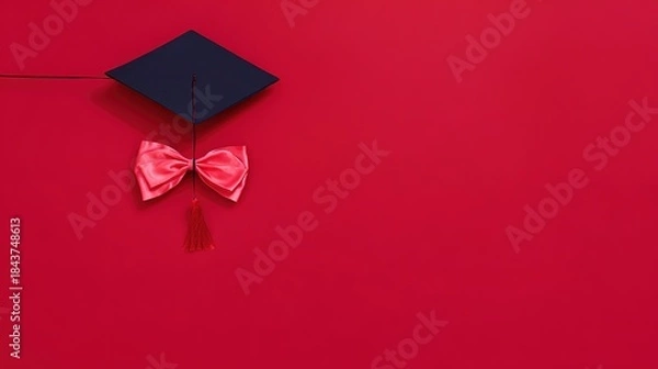 Obraz academia. Graduation cap with tassel and decorative bow on red background in a top-down view composition. event programs, museum guides, designed for cultural heritage projects and event programs.