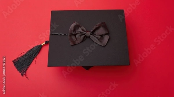 Obraz academia. Graduation cap with tassel and decorative bow on red background in a top-down view composition. event programs, museum guides, designed for cultural heritage projects and event programs.