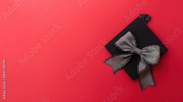Obraz academia. Graduation cap with tassel and decorative bow on red background in a top-down view composition. event programs, museum guides, designed for cultural heritage projects and event programs.