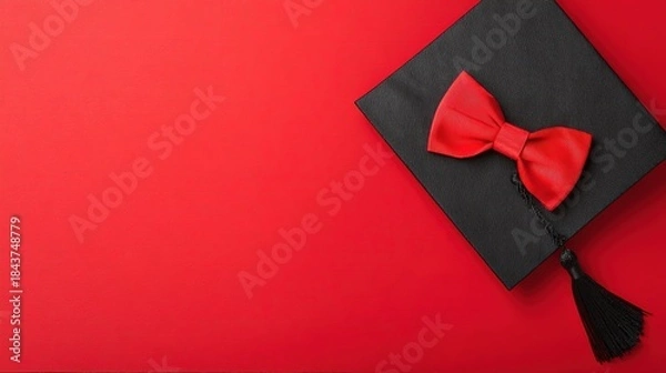 Obraz academia. Graduation cap with tassel and decorative bow on red background in a top-down view composition. event programs, museum guides, designed for cultural heritage projects and event programs.