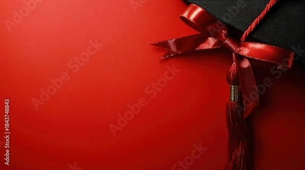 Obraz academia. Graduation cap with tassel and decorative bow on red background in a top-down view composition. event programs, museum guides, designed for cultural heritage projects and event programs.