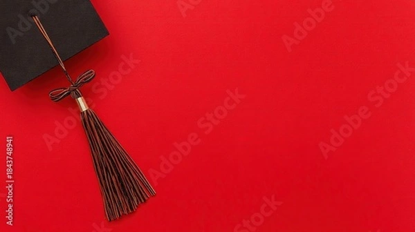 Obraz academia. Graduation cap with tassel and decorative bow on red background in a top-down view composition. event programs, museum guides, designed for cultural heritage projects and event programs.