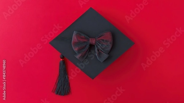 Obraz academia. Graduation cap with tassel and decorative bow on red background in a top-down view composition. event programs, museum guides, designed for cultural heritage projects and event programs.