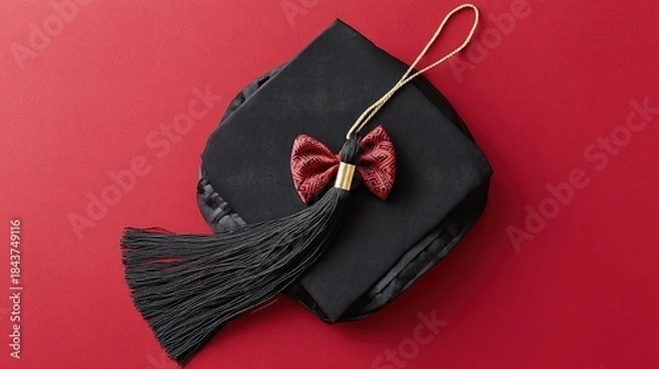 Obraz academia. Graduation cap with tassel and decorative bow on red background in a top-down view composition. event programs, museum guides, designed for cultural heritage projects and event programs.