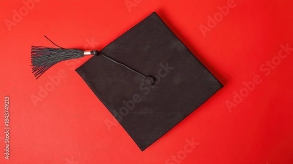 Obraz academia. Graduation cap with tassel and decorative bow on red background in a top-down view composition. event programs, museum guides, designed for cultural heritage projects and event programs.