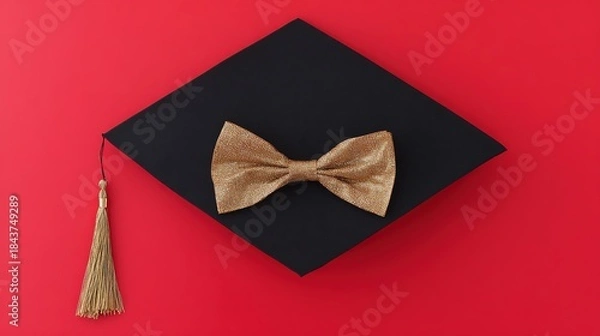 Obraz academia. Graduation cap with tassel and decorative bow on red background in a top-down view composition. event programs, museum guides, designed for cultural heritage projects and event programs.
