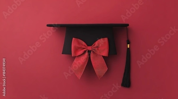 Obraz academia. Graduation cap with tassel and decorative bow on red background in a top-down view composition. event programs, museum guides, designed for cultural heritage projects and event programs.