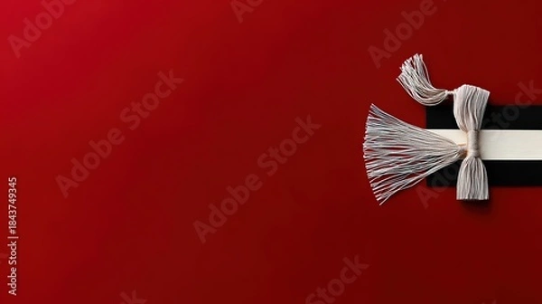 Obraz academia. Graduation cap with tassel and decorative bow on red background in a top-down view composition. event programs, museum guides, designed for cultural heritage projects and event programs.