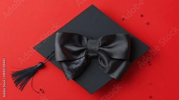 Obraz academia. Graduation cap with tassel and decorative bow on red background in a top-down view composition. event programs, museum guides, designed for cultural heritage projects and event programs.