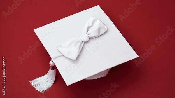 Obraz academia. Graduation cap with tassel and decorative bow on red background in a top-down view composition. event programs, museum guides, designed for cultural heritage projects and event programs.