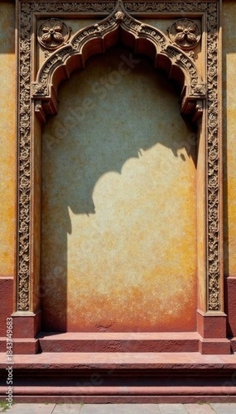 Fototapeta Elaborate lower third frame of Khmer temple wall, showing decorative motifs, texture, sculpture