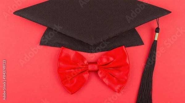 Obraz academia. Graduation cap with tassel and decorative bow on red background in a top-down view composition. event programs, museum guides, designed for cultural heritage projects and event programs.