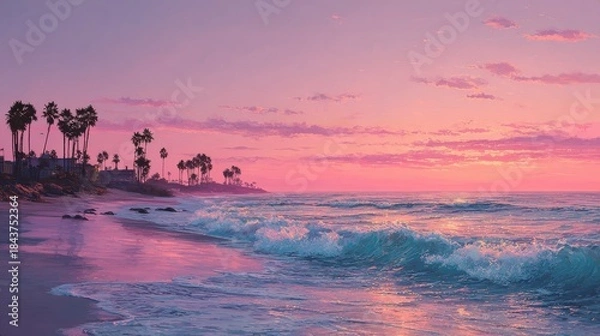 Obraz pink sunset over ocean beach waves palm trees