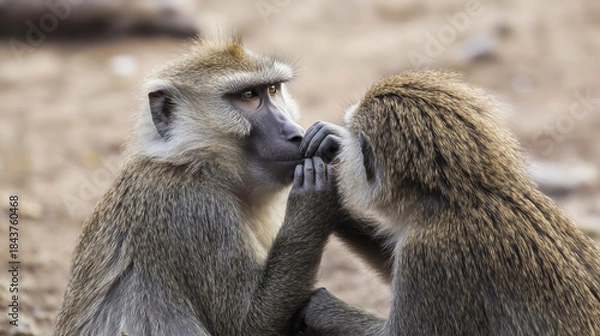 Obraz Close-up of baboons cleaning and bonding. Represents wildlife, friendship, nature connection, and animal care behavior.