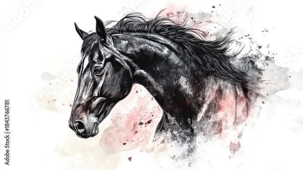 Obraz Black horse portrait with watercolor effect in shades of black, white, and pink colors