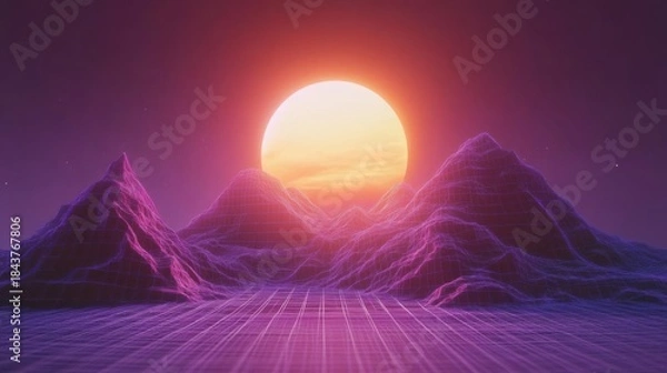 Obraz Retro sunset over wireframe mountains.