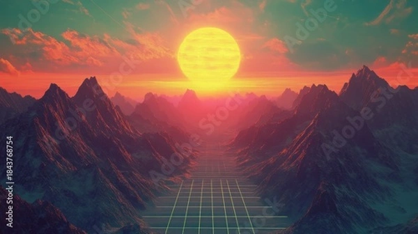 Obraz Retro sunset over a gridded valley between mountains.