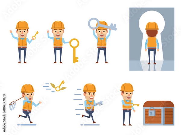 Fototapeta Set of funny construction worker characters posing with key. Cheerful worker holding golden key, opening treasure chest, running and showing other actions. Flat vector illustration