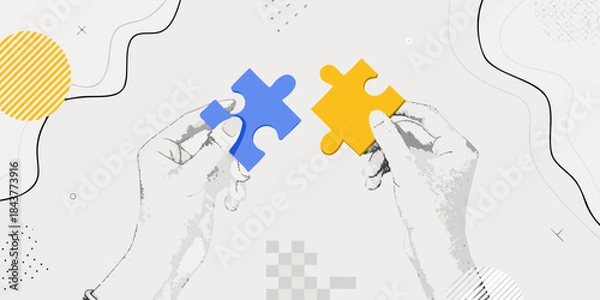 Fototapeta Hands connecting puzzle pieces symbolizing collaboration and problem solving solutions