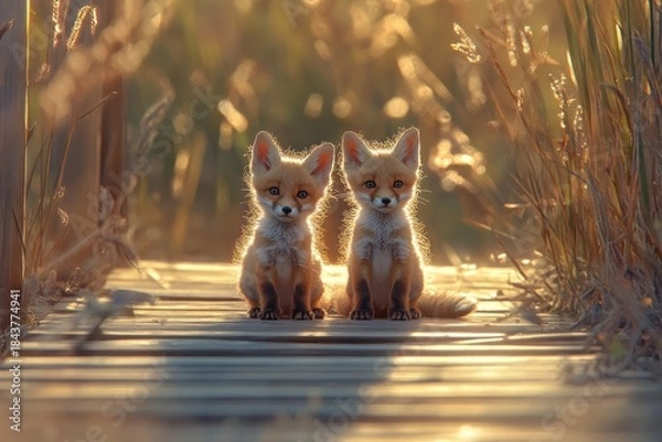 Obraz Two adorable fox kits sit on a path