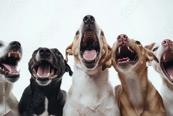 Obraz Happy dogs barking up at something