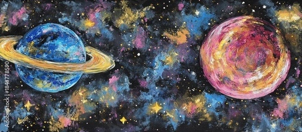 Obraz Cosmic Planets Painting: Vibrant Acrylic Universe with Textured Brushstrokes