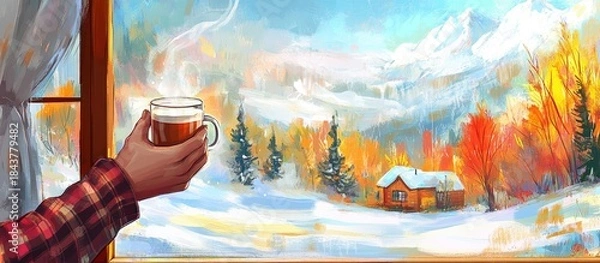 Obraz Cozy Cabin View: Hand Holding Mug, Snowy Mountain Landscape Painting