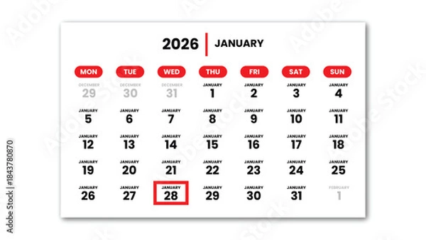 Obraz The date January 28th, 2026 marked with a red cursor on the wall