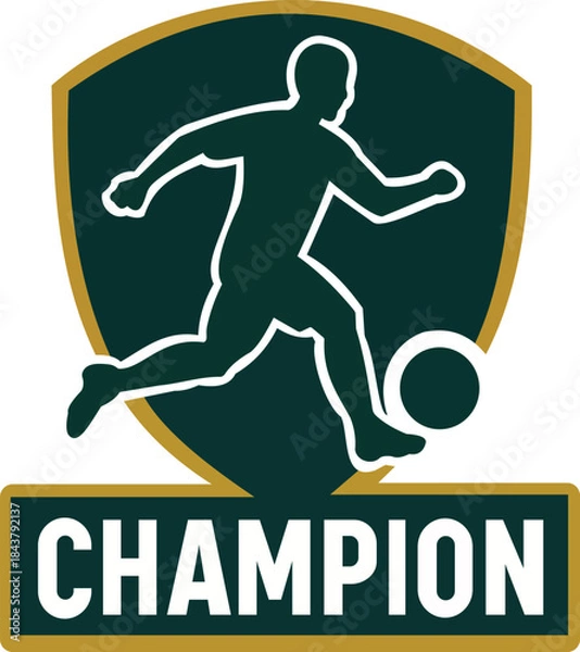 Fototapeta This dynamic graphic features a silhouette of a soccer player in motion, expertly designed within a shield emblem. The bold "CHAMPION" text emphasizes victory and achievement, making this logo ideal f