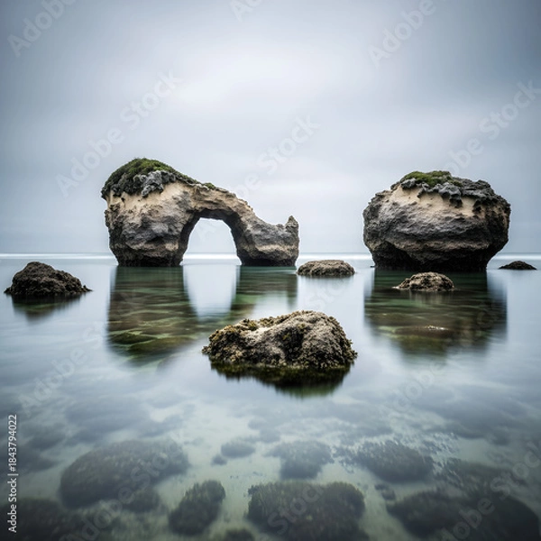 Fototapeta Coastal Rock Formations in Calm Shallow Sea
