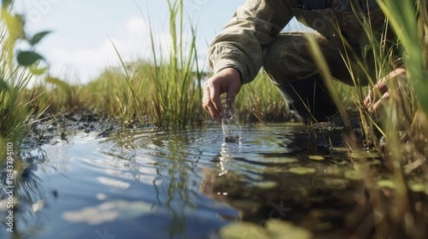 Obraz environmental scientist conducting water quality testing in marshy wetlands outdoor research scientific exploration closeup perspective