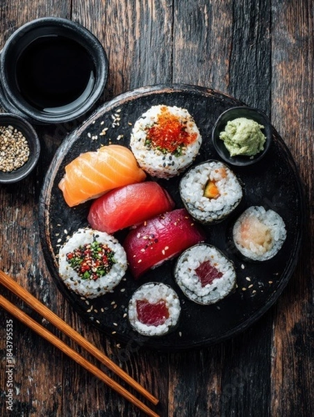 Obraz sushi roll seafood maki susi salmon tuna rice nori wasabi sesame asian food meal snack copy space food background rustic top view no logos no brands ar 34