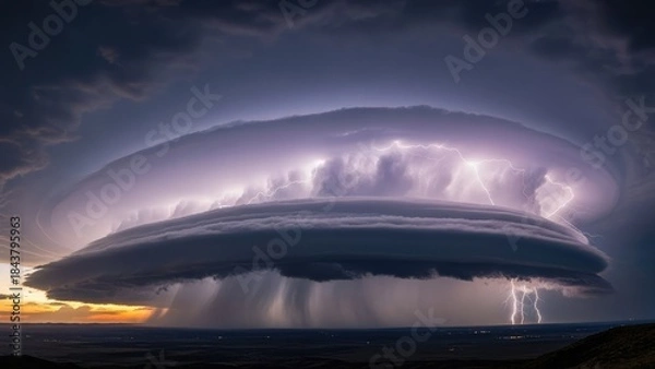 Fototapeta Dramatic Supercell Thunderstorm with Lightning Strikes at Sunset.
