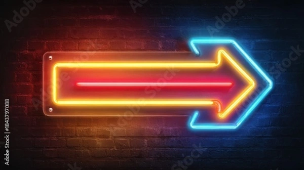 Obraz glowing neon arrow sign  horizontal concept poster background arrow direction banner digital painting 
