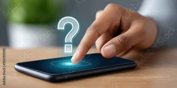 Fototapeta Interactive question mark icon smartphone screen closeup image modern environment user perspective