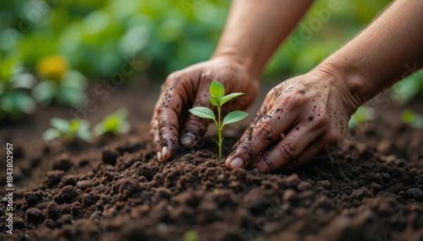 Obraz Farmers dirty hands planting young sapling in fertile soil for agriculture business
