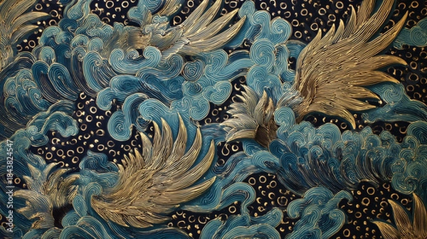 Obraz Textured Mythic Gold Wings Swirling Cloud Art Pattern