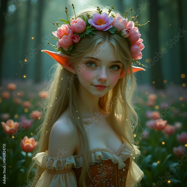 Obraz little cute tulip fairy with flower wreath