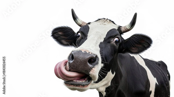 Fototapeta Funny mad cow isolated on white background licking nose with tongue, copy-space