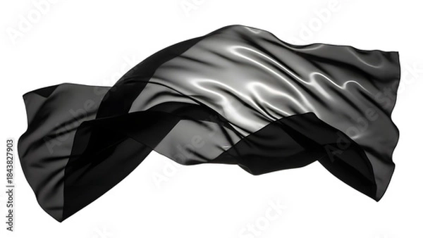 Fototapeta Black silk cloth elegantly floating against a white background.