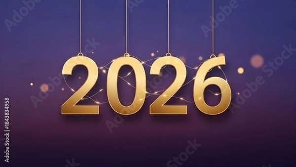 Obraz Golden 2026 numerals with delicate string lights against rich purple bokeh background