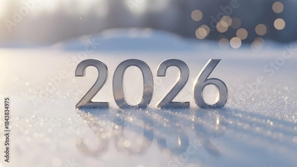 Obraz Shiny metallic 2026 number on frozen snow surface with blurred background and bokeh lights