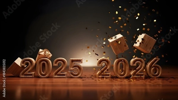 Obraz Wooden 2025 changing to 2026 with confetti falling on dark background, symbolizing transition to new year