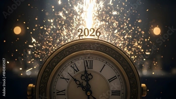 Obraz Antique clock with 2026 and sparkling fireworks in a festive new year celebration