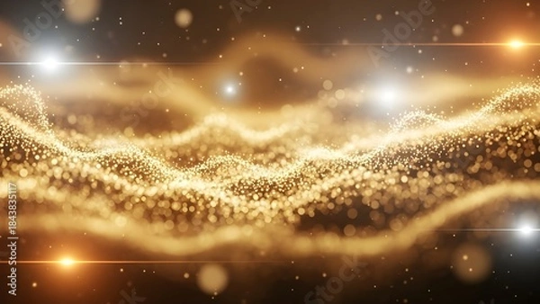 Obraz Abstract golden glitter particle wave on a dark background with bright glowing light flares