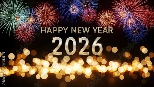 Obraz Happy new year 2026 greeting with colorful fireworks and bokeh lights on a black background