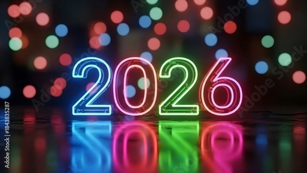 Obraz Neon glowing 2026 numbers in vibrant colors reflecting on a wet surface with blurred bokeh lights in background